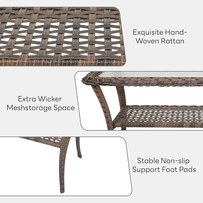 Belord Outdoor Furniture Set - 6 Pieces Patio Conversation Sectional Sofa Set with Patio Rocking Chairs Set of 2 and Wicker Coffee Table for Deck Backyard Sunroom Brown