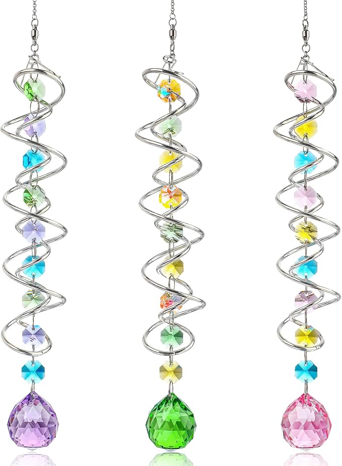 Set of 3 Crystal Spiral Wind Spinner Gazing Ball Decor | Crystal Suncatcher Rainbow Maker with Spiral Tail Hanging for Outdoor Garden Patio Porch Christmas Window Decor