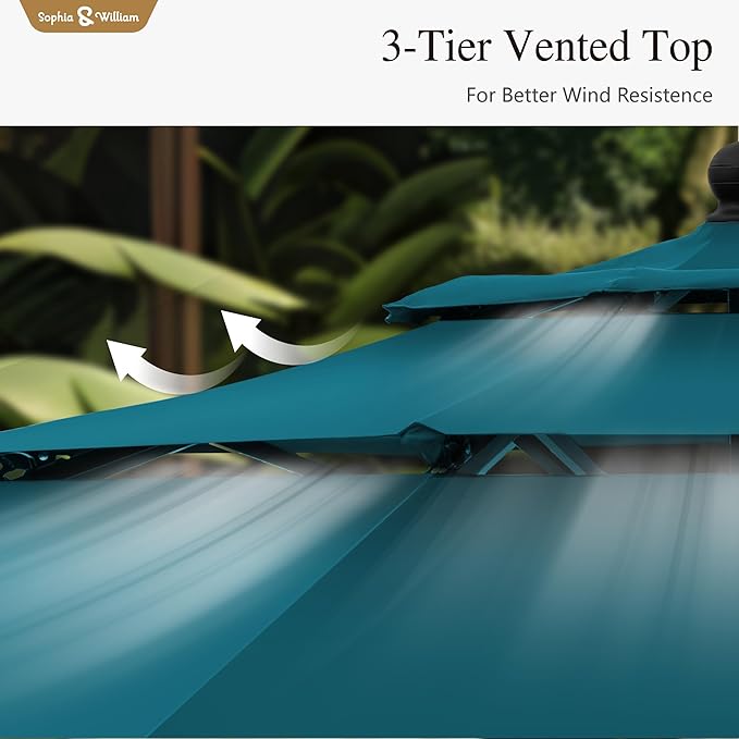 Sophia & William 10ft 3 Tier Auto-tilt Patio Umbrella,Wind Resistent,Outdoor Patio Umbrellas Double Vented Umbrella with Crank for Pool Garden Backyard, Cyan-blue