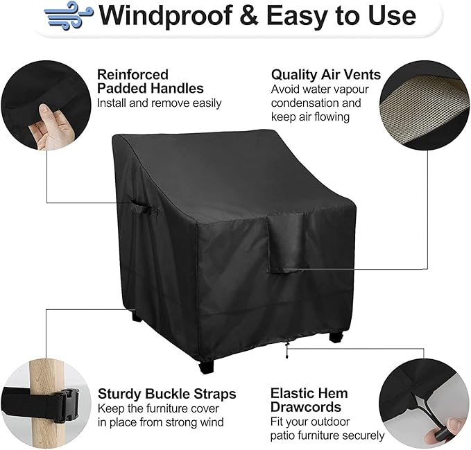 OutdoorLines Outdoor Waterproof Furniture Chair Cover - UV-Resistant Patio Lawn Chair Covers for Outdoor Furniture Windproof Heavy Duty Chair Covering, 2 Packs, 29Wx30Dx36H Inches, Black