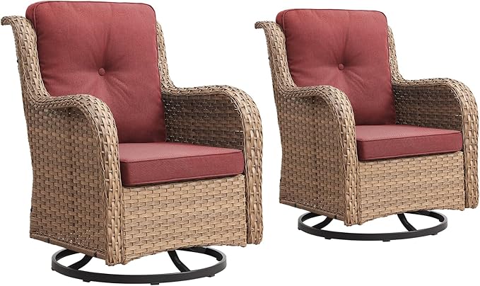 Outdoor Swivel Rocker Patio Chairs-Wicker Patio Swivel Chairs Set of 2 PE Rattan Patio Furniture for Porch Deck Balcony Garden-Yellow/Red