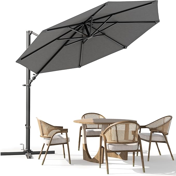 Greesum 10FT Outdoor Patio Umbrella with High Pedel and 4 Gear Heights, Large Offset Market Umbrella with 360-degree Rotation, Without Base, Hanging Outdoor Shade for Garden, Lawn, Pool, Gray