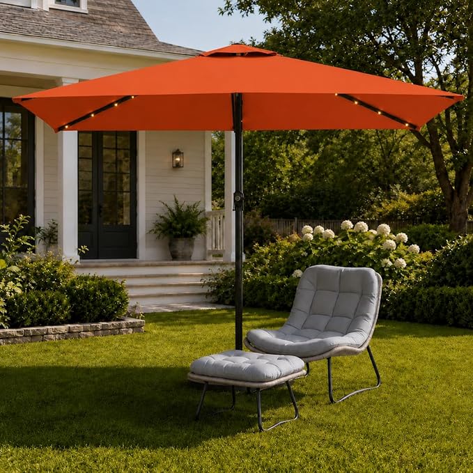6.5 x 10ft Rectangular Patio Umbrella with Solar Lights, 16 LED Lighted Market Umbrella with Push-Button Tilt and Crank, 6 Sturdy Iron Ribs for Garden, Deck, Pool, Terracotta