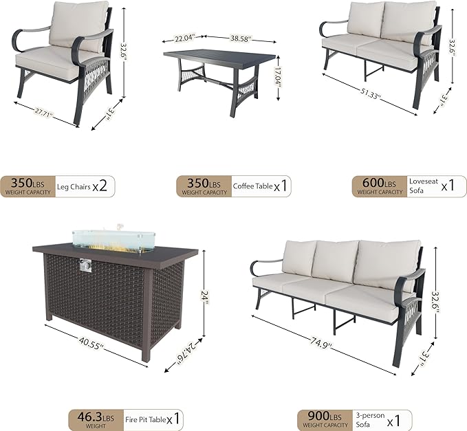 6 Pieces Patio Furniture Set, Metal Outdoor Conversation Sets with Fire Pit Table for Backyard Garden Deck Porch Poolside (Thick Beige Cushions)