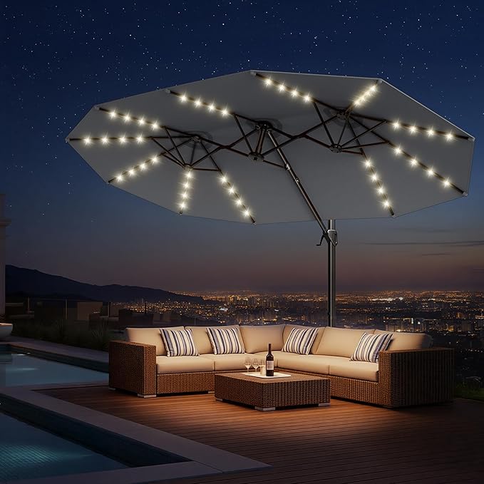 HOMSHADE 15FT Cantilever Double-Sided Umbrella with Solar Light and Base, Rectangle Oversized Offset Patio Umbrellas, Extra Large Outdoor Umbrella for Pool, Deck, Garden, Market (Dark Gray)