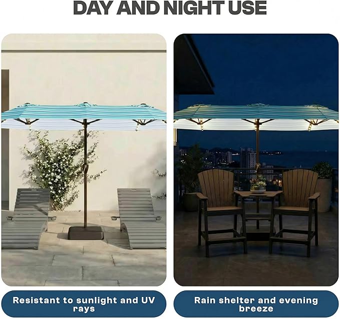 15FT Patio Umbrella with Solar Lights, Double-Sided Extra Large Outdoor Table Umbrella with Base Included, Heavy-Duty 12 Iron Ribs Market Umbrella for Garden, Pool, Backyard, Green Stripes