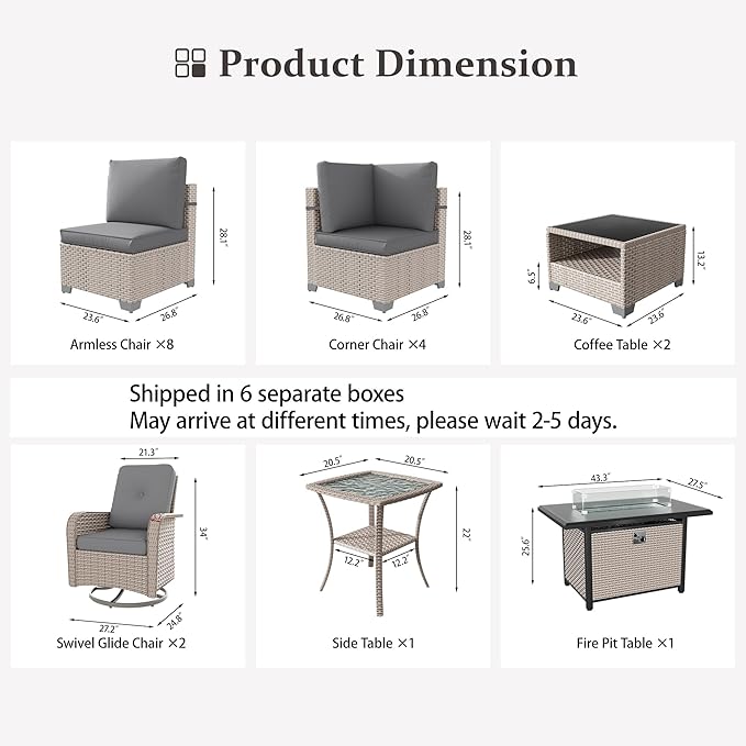 18 Pieces Patio Furniture Set with Fire Pit Table, Outdoor Sectional Wicker Sofa with Thick Cushions, High Back Swivel Rocker Patio Chairs, Rattan Conversation Set with Coffee Table, Grey