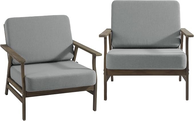 2 Piece Wood Patio Chair Outdoor Bistro Set, Outdoor Armrest Chair All Weather Patio Sofa Furniture Backyard Conversation Sets with Cushions, Grey
