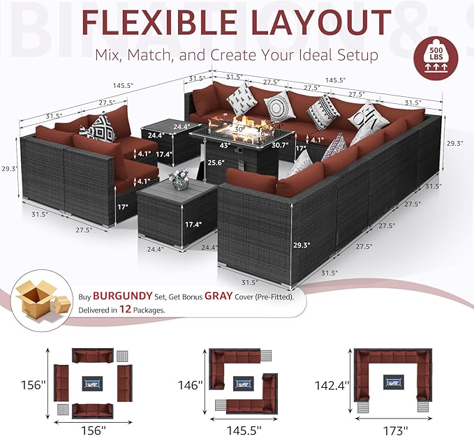 NICESOUL 15 Piece Outdoor Patio Furniture Set with Fire Pit, Extra Large Wide Outdoor Deep Seated Sectional, Cozy 29.3'' High-Back Modular Couch, 500 Lbs High Weight Capacity Wicker Sofa, Gray & Red
