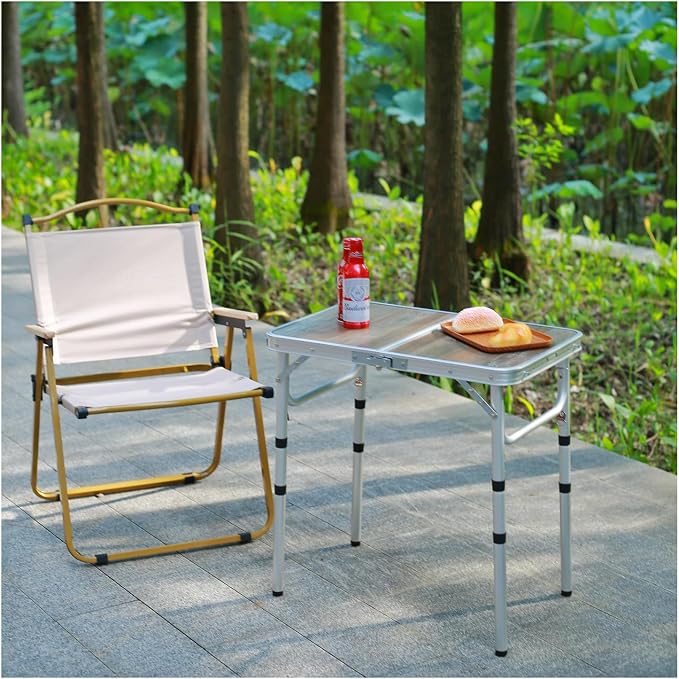 YihuiKo Small Folding Table, 3 Adjustable Heights Picnic Table, Outdoor Folding Table with Storage Mesh Layer, Portable Table for Outdoor & Indoor