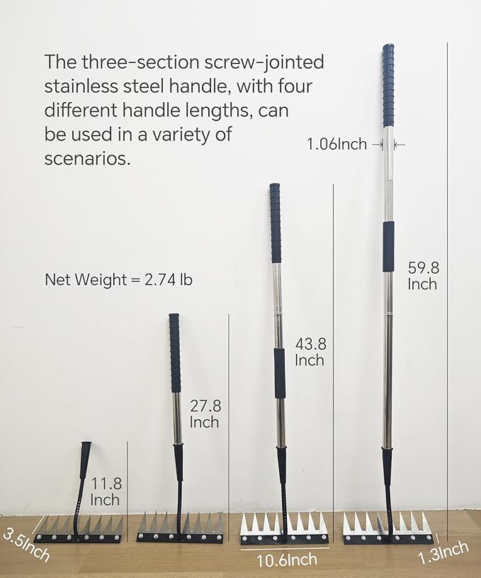 Weed Puller Tool Rake Heavy Duty with Stainless Steel Long Handle，Garden Weeding Rake for Removing Weeds, Loosening Soil, Cleaning Flower Beds, Pine Needles & Lawn Prep (8 Tines)