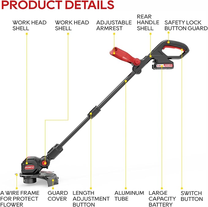 Ecomax 12" Cordless String Trimmer & Edger, 18V Electric Weed Wacker with 2Ah Battery and Charger, Lightweight Weed Eater, Edger Lawn Tool with 90 Degree Adjustable Head for Yard and Garden, ELG03