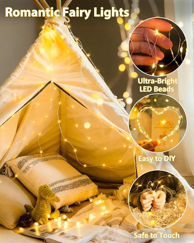 4 Pack 100 LED Fairy Lights Battery Operated with Remote, 33 FT Warm White | Cuttable, 8 Modes, Memory, Dimmable, Waterproof Battery String Lights with Timer for Indoor Outdoor, Christmas Decorations