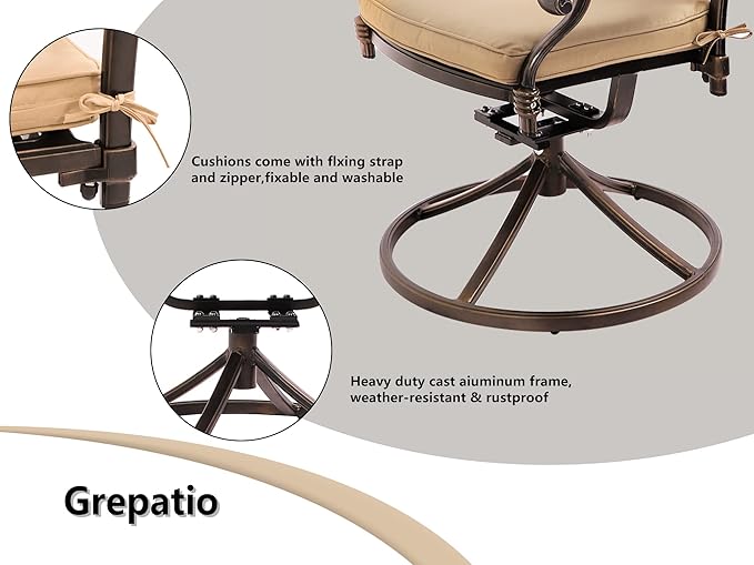 Grepatio 9 Piece Cast Aluminum Patio Furniture Set Outdoor Dining Set Bistro Furniture Set with 6 Chairs 2 Swivel and Dining Table with Umbrella Hole, 8 Cushions for Backyard Garden (Khaki)