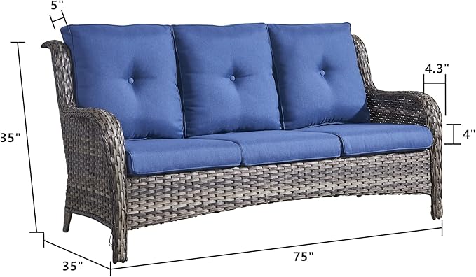 Rilyson Outdoor Couch Wicker Patio Sofa - 3 Seat Rattan Sofa with Deep Seating and Comfortable Cushions for Outside Porch Deck Balcony Garden(Mixed Grey/Blue)