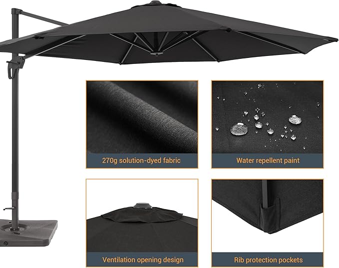 FLAME&SHADE 11 ft Cantilever Offset Patio Umbrella, Large Heavy Duty Outdoor Patio Umbrella Aluminum 360° Rotation Round Outdoor Umbrella for Deck,Pool,Backyard