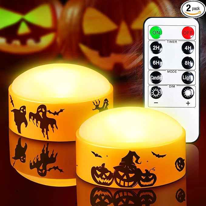 2 Pack LED Halloween Pumpkin Lights with Remote and Timer, Battery Operated Flameless Flickering Orange Jack-o'-Lanterns, Electric Orange Halloween Candle Light for Outdoor Pumpkins Decorations