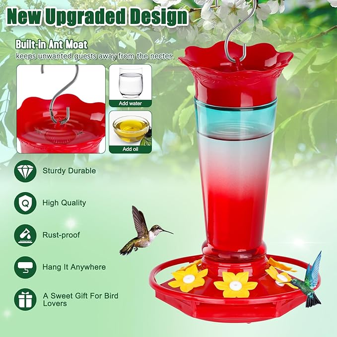 Gbekery Glass Hummingbird Feeders for Outdoors Hanging Ant and Bee Proof Red & Blue 10OZ 2Pack Bird Feeders for Outside Hanging 6 Feeding Stations Bird Nectar Feeder for Garden Yard Décor Gift for Mom