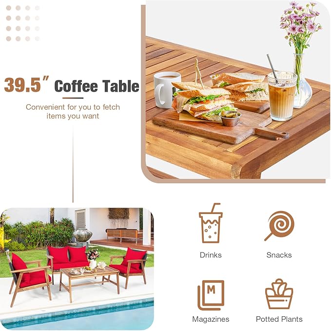 HAPPYGRILL 4PCS Outdoor Rattan Sofa Set Acacia Wood Frame Conversation Set with Coffee Table, Sectional Furniture Set with Cushions for Backyard Porch Garden Poolside Balcony