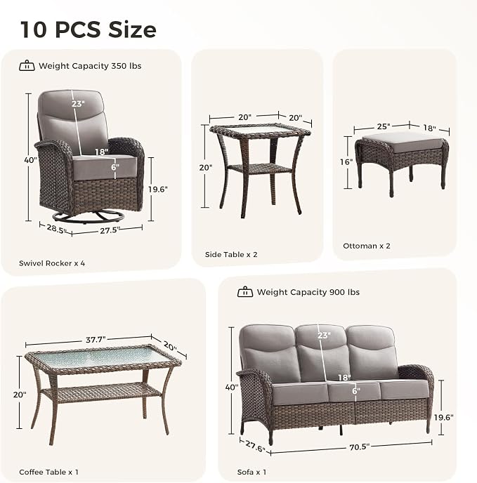 Luxury Patio Furniture Set with 6-inch Thick Cushions, Outdoor Furniture Set with High Back Swivel Chairs, 10 PCS Wicker Outdoor Conversation Set for Porch, Patio, Yard, Deck, Poolside, Brown/Beige