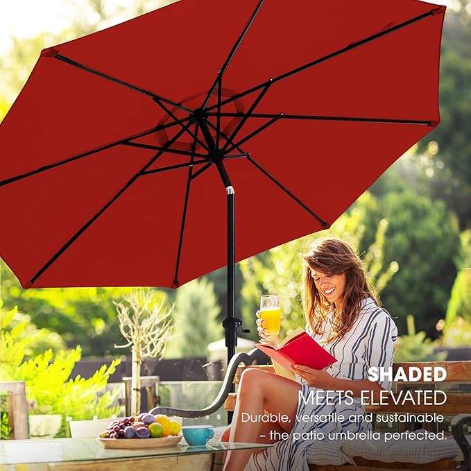 wikiwiki 10 FT Patio Umbrellas Outdoor Table Market Umbrella with Push Button Tilt/Crank, 8 Sturdy Ribs, Fade Resistant Waterproof POLYESTER DTY Canopy for Garden, Lawn, Deck, Backyard & Pool, Red