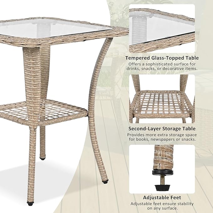 3-Piece Outdoor Chair&Table Set Chat Set, Outdoor Patio Set Modern Rattan Chair Furniture Sets with Two Swivel Chairs and a Square Table 2-Person Rattan Seating Group for Garden, Balcony, Natural