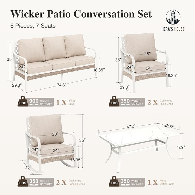 HERA'S HOUSE 6 Piece Metal Patio Furniture Set, All Weather Outdoor Conversation Set with 3-Seat Sofa, 2 Rocking Chairs, 2 Fixed Chairs & Coffee Table, 7 Seats for Backyard, Garden, Deck, White/Beige