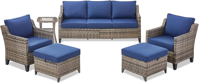Buenhomino Outdoor Patio Furniture Set-PE Wicker Sofa Couch with Ottomans Comfy Cushions, All Weather High Back Patio Conversation Set for Porch Deck Balcony Garden Grey/Blue