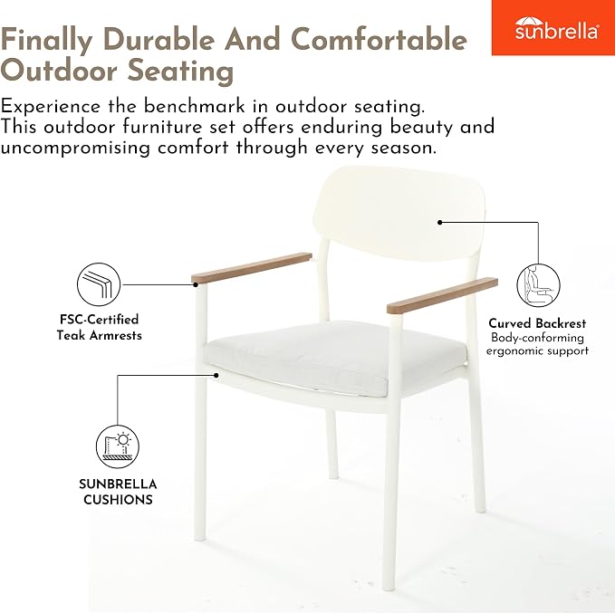 Modern Shade Luxury Outdoor Dining Set for 5, Outdoor Table and Chairs Set with Fade Resistant Cushions & FSC Teak, Premium Aluminum Patio Table and Chairs Set for Elegant Outdoor Living, White