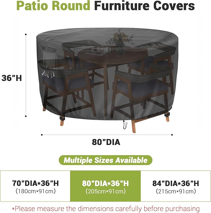 Heavy Duty Round Patio Dining Table Cover, 80 Inch Waterproof Outdoor Furniture Cover for Bar Height Large Round Table and Chair Sets (Black, 80"DIAx36"H)
