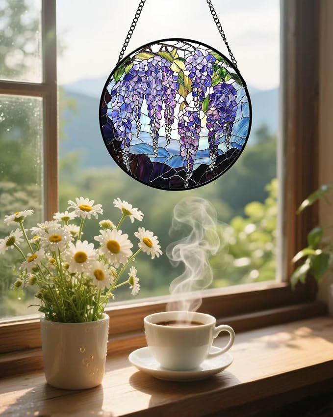 Stained Glass Window Hanging, Wisteria Flower Sun Catcher for Door Home Decor Purple and Blue Suncatcher Christmas Mother's Day Birthday Gifts for Women Men Mom and Nana 11.8 in