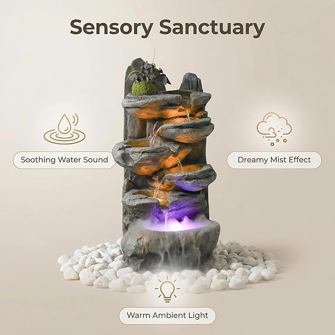 Water Fountain Outdoor,Corded Electric 6-Tier Cascading Rock Waterfall with LED Lights,Garden Fountain with Built-in Pump & Water Circulation,Weather-Resistant Resin for Patio (26.5)