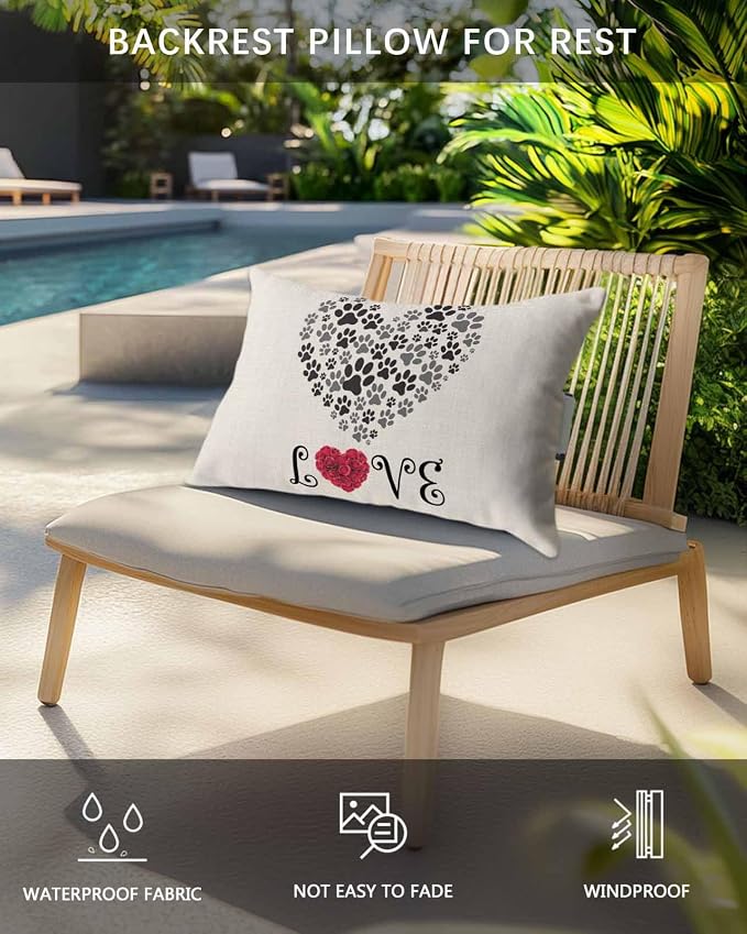 Outdoor Pillows Covers with Inserts Rose Love Dog's Paws Shape Heart Waterproof Recliner Pillow with Adjustable Strap Throw Pillows for Patio Furniture Pool Lounge Chair, 12x20 inch, 2PCS