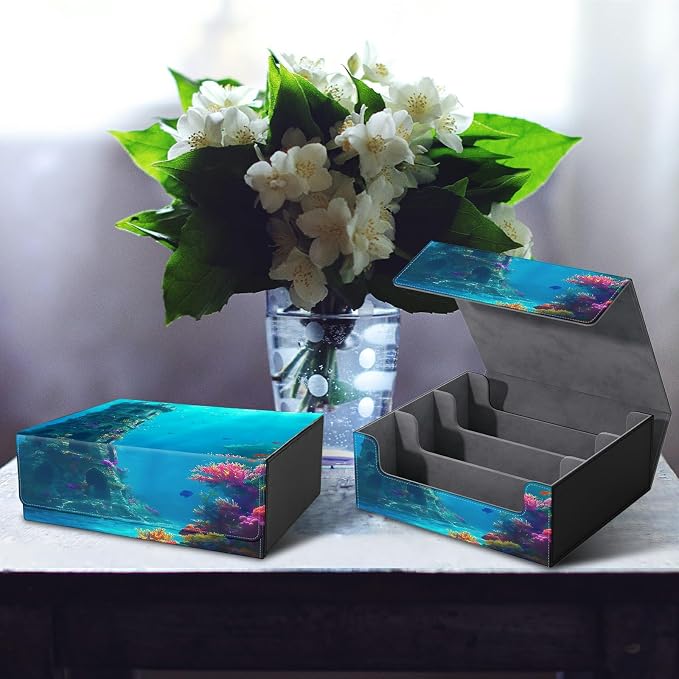Large Card Deck Box for MTG, Fits 1200+ Sleeved Cards, PU Leather Storage Case with Strong Magnetic Closure, Multiple Colors for TCG CCG Baseball Card Collections, Underwater Castle
