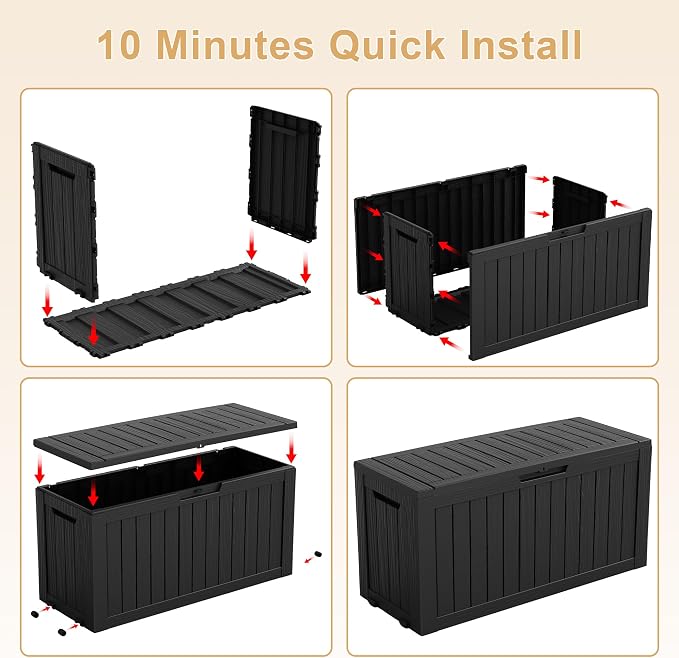 Outdoor Storage Box, 90 Gallon Resin Deck Box, Indoor Outdoor Waterproof Storage Bins With Wheels for Patio Cushions, Gardening Tools, Lockable, Black