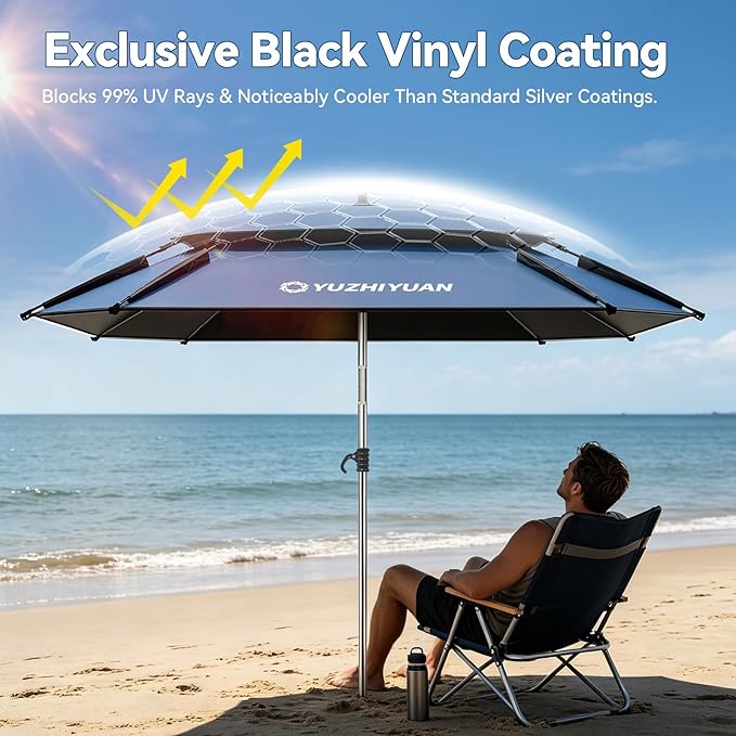 Patio Umbrella with Exclusive Black Coating, 7.2ft/7.8ft Heavy-Duty Double-Layer Nylon Canopy, Adjustable Tilt Sun Shade Outdoor Table Umbrella, UV Protection & Carry Bag for Beach, Fishing, Backyard