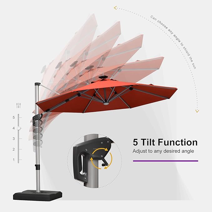 PURPLE LEAF Cantilever Umbrella with base 10ft Outdoor Round Patio Solar Powered LED Umbrella with 360-degree Rotation for Garden Deck Pool Patio, Brick Red