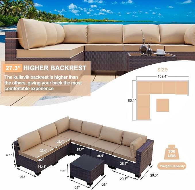 Kullavik 10PCS Outdoor Patio Furniture Set,PE Wicker Rattan Sectional Sofa Patio Conversation Sets with Tempered Glass Table,Swivel Rocking Chairs Set,Sand