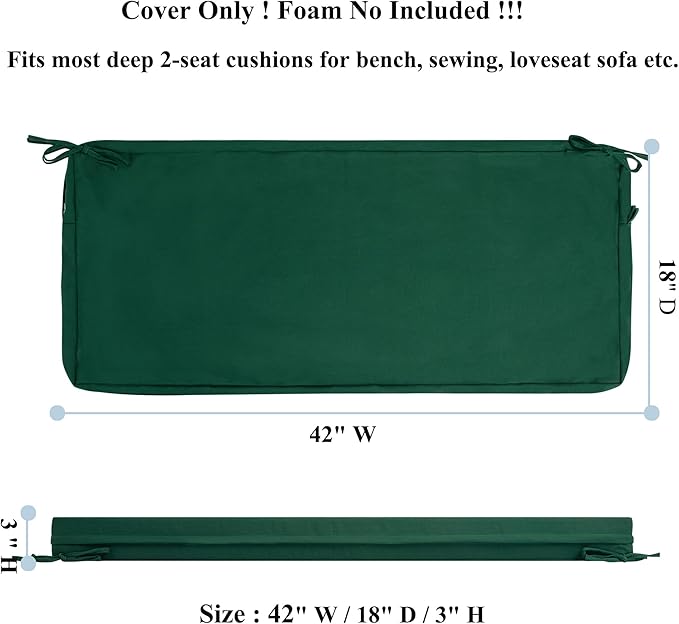 FUNHOME Outdoor Bench Cushion Covers 42" x 18" x 3", No Insert! Patio Cushion Covers for Outdoor Furniture,Water Resistant Patio Bench Loveseat Cushion Covers 1 Pack, Dark Green(Covers ONLY)