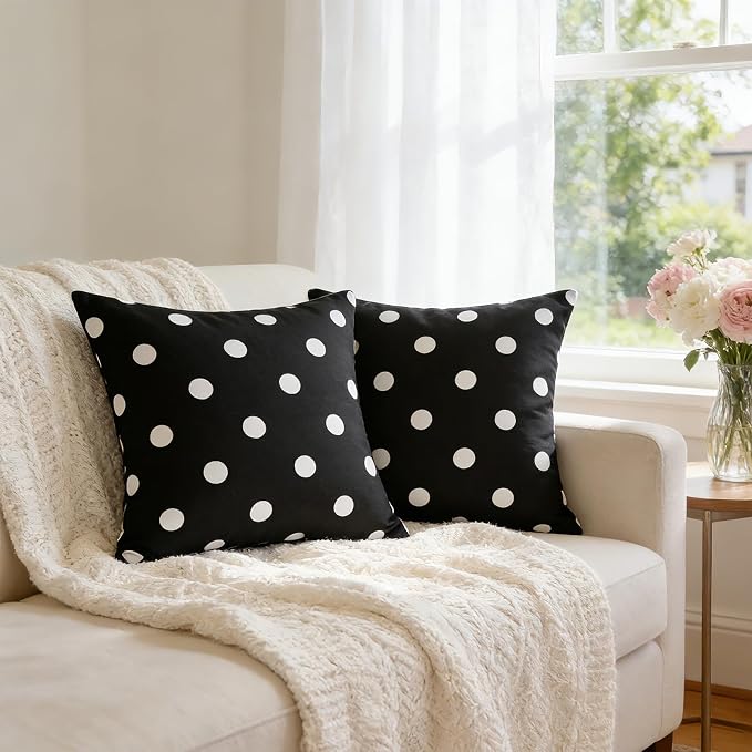 SquarePie Pack of 2 Outdoor Pillow Covers, Waterproof Decorative Throw Pillowcase Shell, Garden Cushion Shams Cases for Spring Patio Couch Balcony Bench,18x18 inch Black Polka Dot