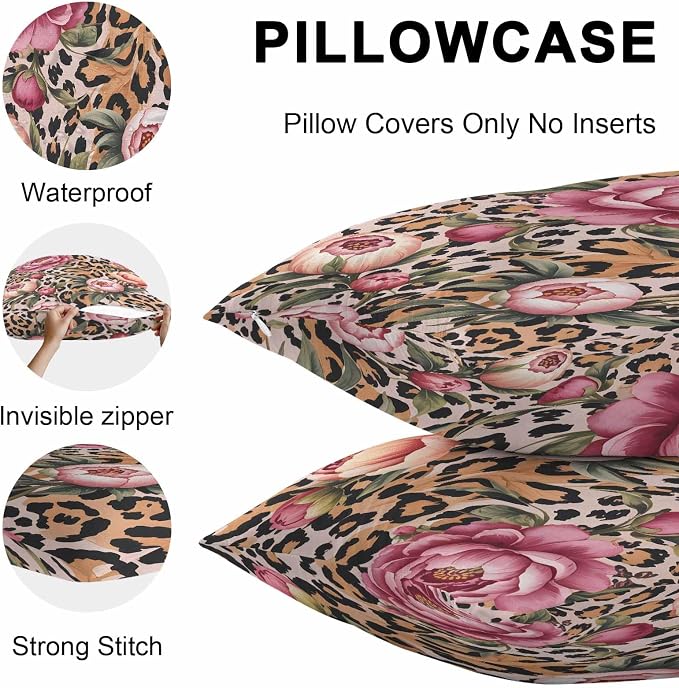 Vandarllin Outdoor Throw Pillows Covers 24x24 inch Set of 2 Waterproof Leopard Print Decorative Zippered Cushion Covers for Patio Furniture, Pink Floral Retro Animal Skin Lumbar Pillowcases