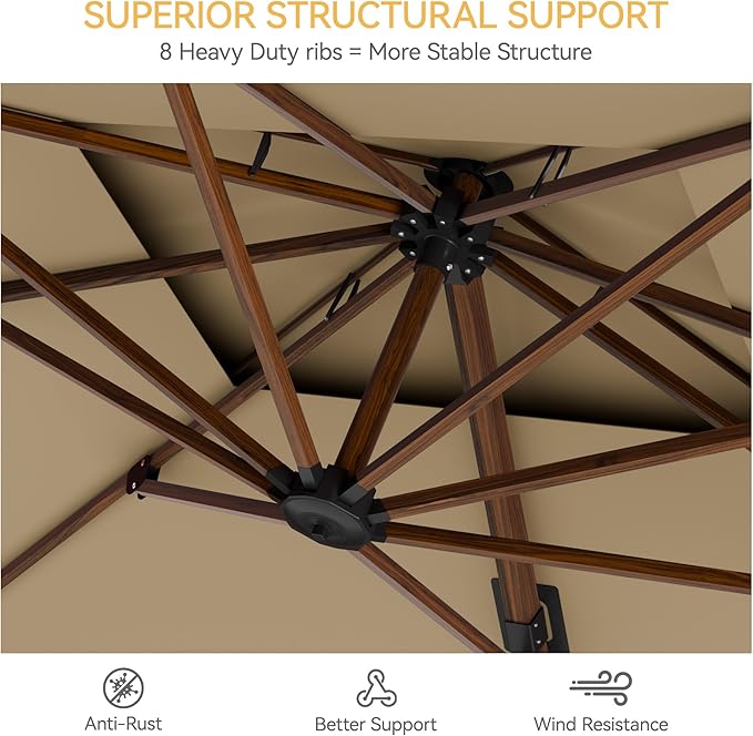 10x13 FT Wood Pattern Patio Umbrella, Large Deluxe Cantilever Rectangular Double Top Heavy Duty Offset Umbrellas with 360° Rotation, Outdoor shade for Garden Deck Pool Patio, Tan