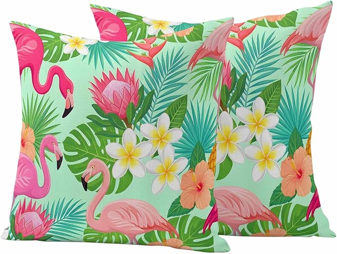 Pink Flamingos Outdoor Pillow Covers 20"x20" Set of 2, Tropical Palm Leaf Hibiscus Flower Green Plant Waterproof Throw Pillow Covers for Patio Furniture, Decorative Cushion Covers for Porch