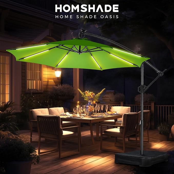 HOMSHADE 10ft Solar Lights Offset Cantilever Patio Umbrella - with Light and Base, LED Lighted Offset Hanging Patio Outdoor Market Umbrella UPF50+ UV Protection with Easy Tilt and Crank (Green)