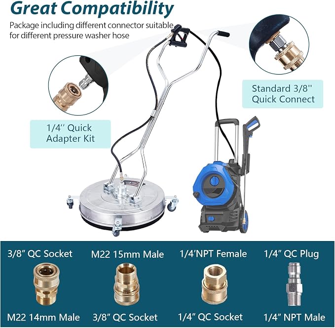 GarveeLife 24 in Pressure Washer Surface Cleaner with Dual Handle, 4 Wheels, 3/8 in Quick Connect, 2 Nozzles, Stainless Steel Power Washer Surface Cleaner for Driveway Sidewalk Patio, 4000 PSI