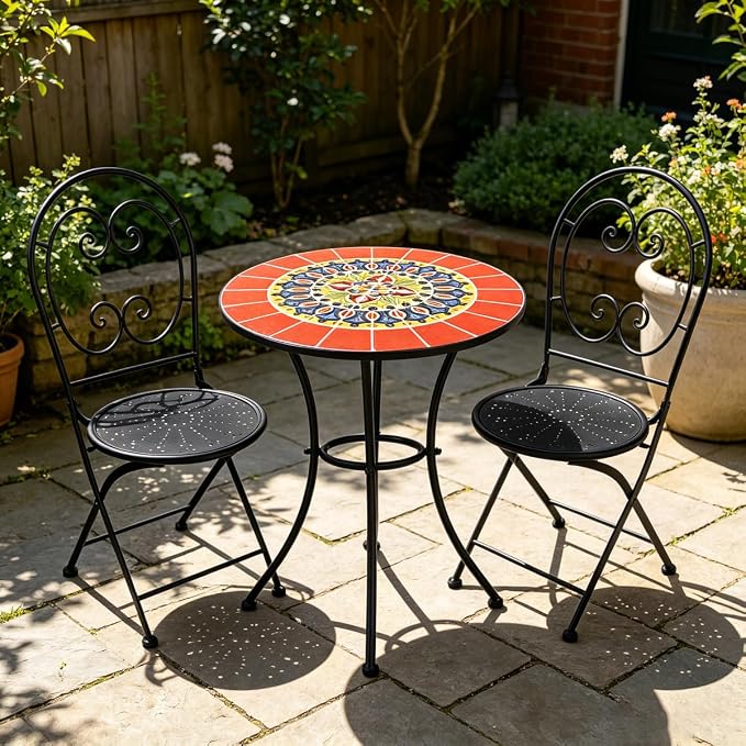 3 Piece Bistro Sets Mosaic Tile Round Table Folding Chairs Garden | Set of 3 Patio Furniture 23.6" Table and 2 Chairs Outdoor Bistro Chairs Artistic Table for Balcony Porch Apartment Backyard