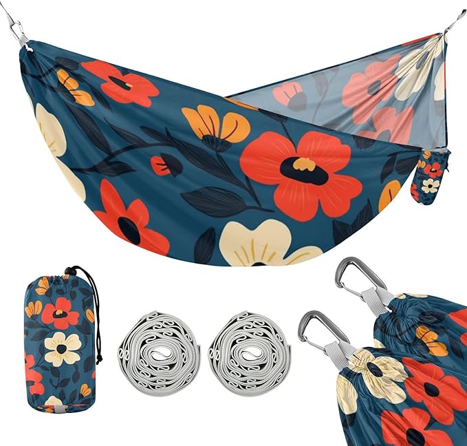 Blue Background Orange Flowers 330lb Capacity Hammocks for Camping with Hanging Rope Portable Hammock for Indoor Outdoor Patio soporte para hamacas para adultos