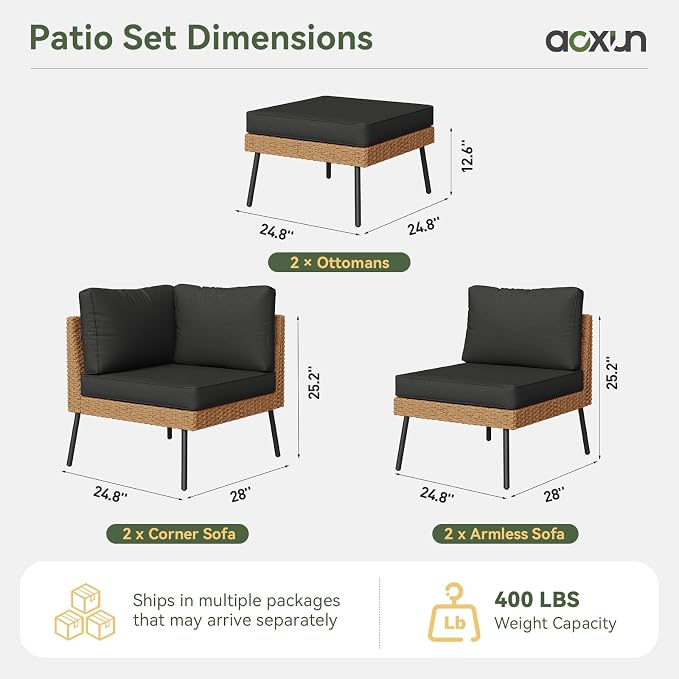 Aoxun 6 Piece Patio Furniture Set, 6 Seats Outdoor Sectional Sofas with Thick Cushion, Wicker Outdoor Patio Furniture Set with Ottomans for Party, Garden, Backyard, Black