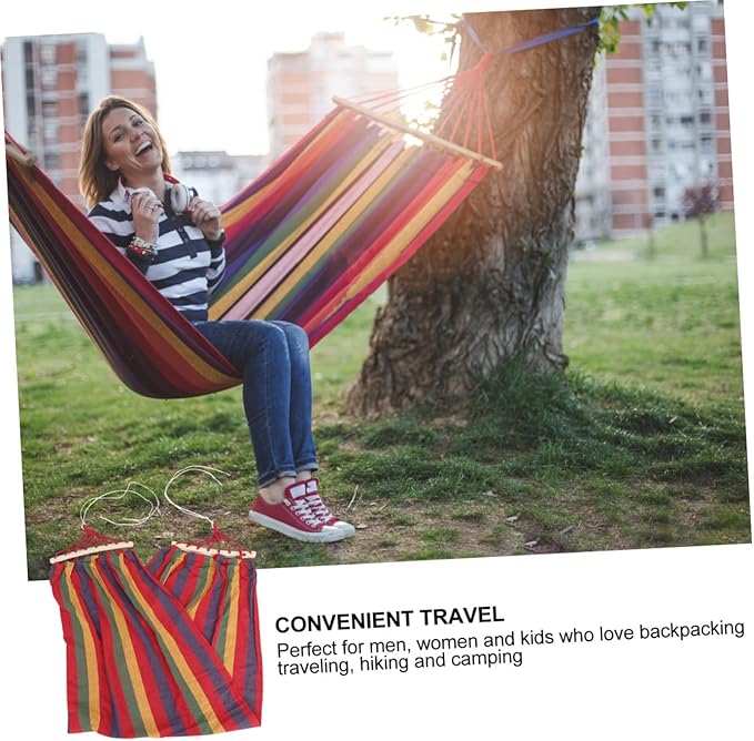 Beaupretty Rainbow Striped Canvas Single Person Traveling Hammock with Anti-tip Design for Outdoor Leisure and Camping Use, Lightweight Cotton Swing Suitable for Adults