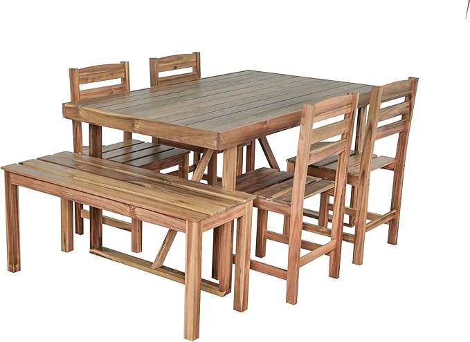 LUMISOL 6 Piece Patio Conversation Furniture Set, 6-Piece Outdoor Table Set with 4 Chairs and 1 Bench for 6 Persons, Acacia Wood Outdoor Table and Chair Set for Patio Balcony Backyard, Natural Wood